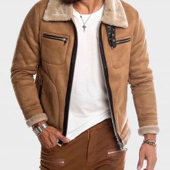 Brown Faux Shearling Winter Suede Leather Jacket for Mens