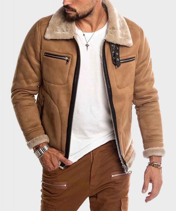 Mens Brown Faux Shearling Suede Leather Jacket