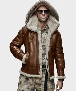 Mens Sheepskin Real Leather Shearling Brown Hooded Jacket