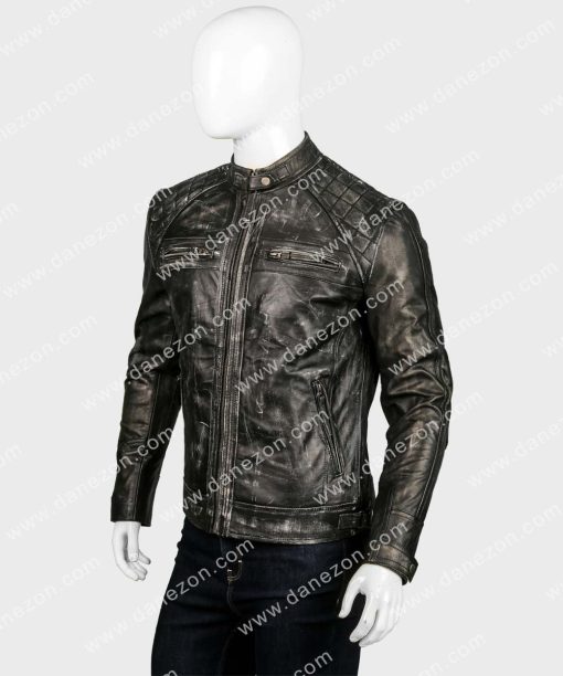 Mens Zipper Pockets Black Cafe Racer Leather Jacket