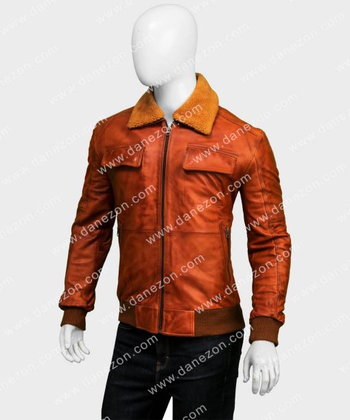 Mens Distressed Brown Fur Collar Bomber Leather Jacket