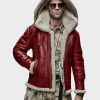 Mens Sheepskin Real Leather Shearling Red Hooded Jacket