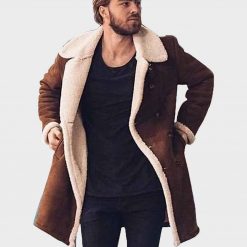 Mens Shearling Mid-Length Brown Leather Coat for Mens Outfits