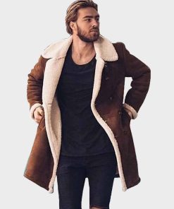 Mens Shearling Mid-Length Brown Leather Coat for Mens Outfits