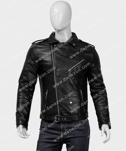 Mens Black Zipper Motorcycle Leather Jacket