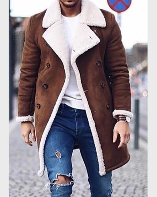 Mens Brown Double-Breasted Shearling Suede Coat