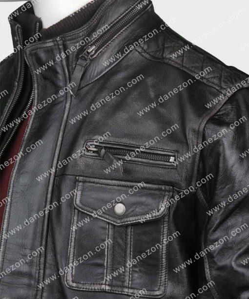 Mens Black Leather Zipper Pocket Jacket