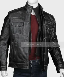 Mens Black Leather Jacket with Zipper pocket