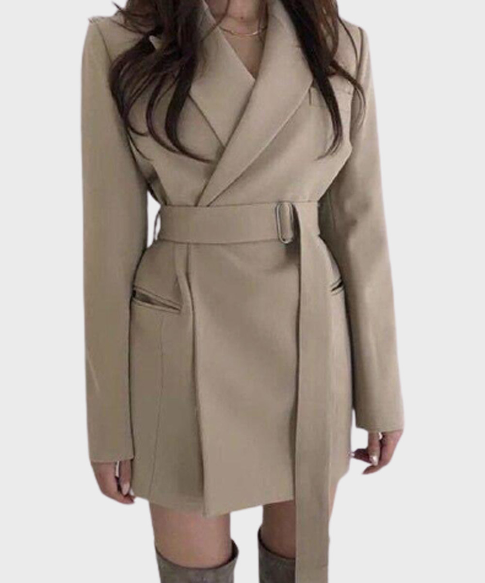 Classic Beige Notch Lapel Cotton Belted Coat for Womens