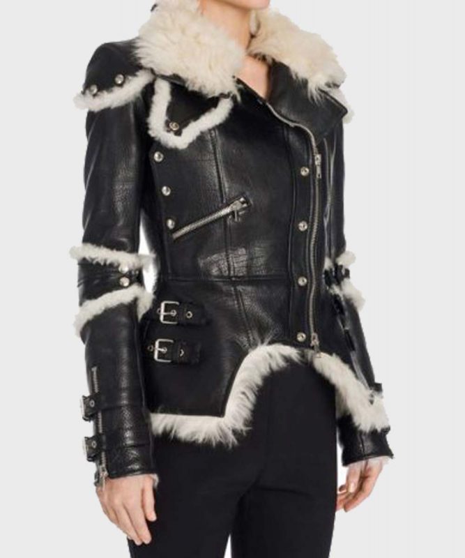 Women's Short Black Shearling Jacket, Winter Warm Biker Style Coat