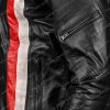 Black Cafe Racer Red and White Striped Leather Jacket