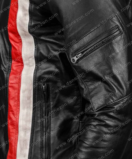 Black Cafe Racer Red and White Striped Leather Jacket