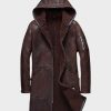 Mens Brown Hooded Shearling Sheepskin Leather Coat