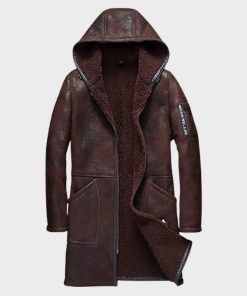 Mens Brown Hooded Shearling Sheepskin Leather Coat