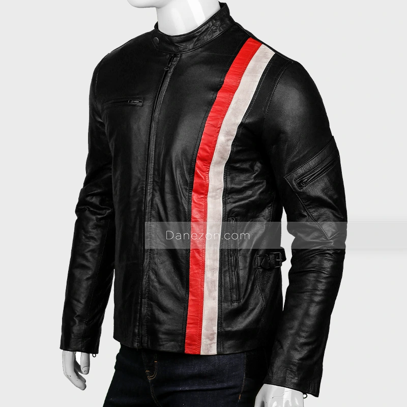 politik Array af Drivkraft Mens Red & White Striped Black Biker Leather Jacket