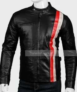 black leather red and white striped leather jacket