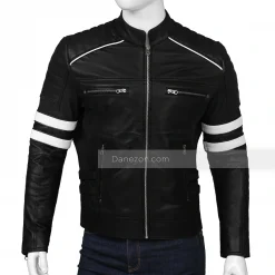 Mens Cafe Racer White Striped Black Retro Jacket