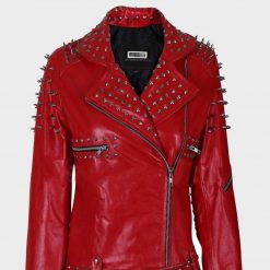 Mens Red Leather Studded Motorcycle Jacket