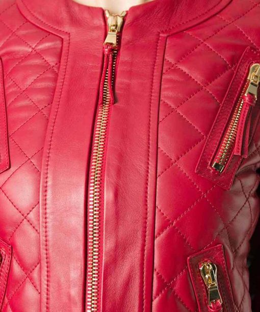 Womens Red Quilted Style Real Leather Jacket