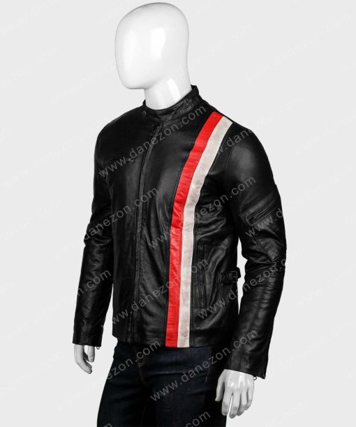 Black Biker Mens Red and White Striped Leather Jacket