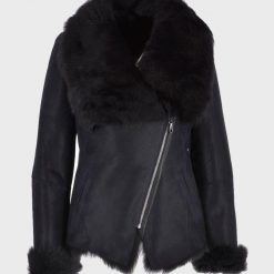 Womens Black Leather Shearling Fur Jacket