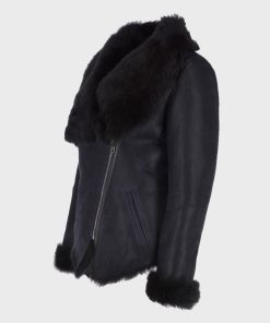 Black Fur Shearling Leather Jacket for Womens