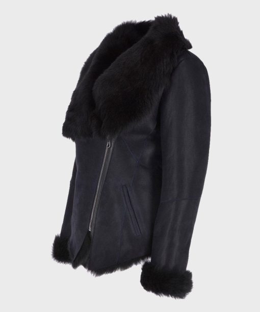 Black Fur Shearling Leather Jacket for Womens