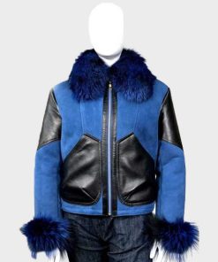 Womens Blue Faux Fur Shearling Suede Leather Jacket