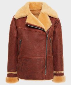 Womens Brown Distressed Leather Shearling Jacket