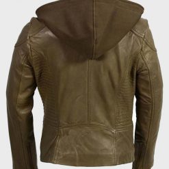 Womens Classic Motorcycle Olive Biker Leather Jacket with Hood