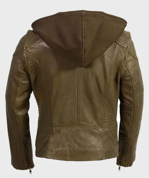 Womens Classic Motorcycle Olive Biker Leather Jacket with Hood