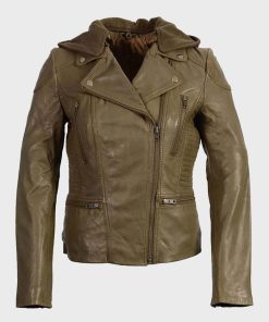 Womens Hooded Olive Motorcycle Leather Jacket