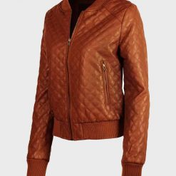Womens Quilted Brown Bomber Leather Jacket