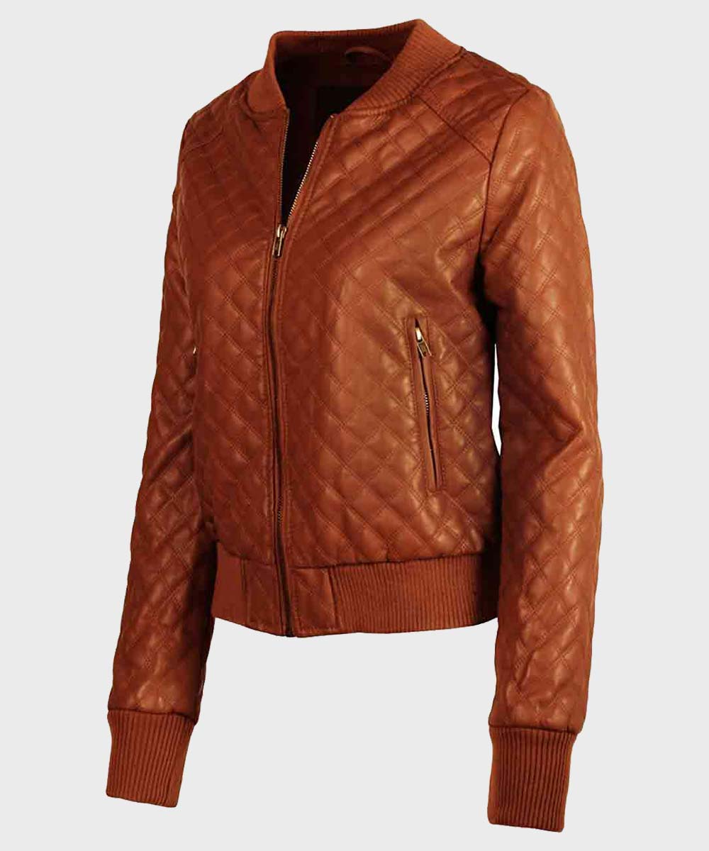 Womens Classic Quilted Brown Leather Jacket - Danezon