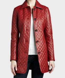 Red Stylish Quilted Leather Coat for Women's