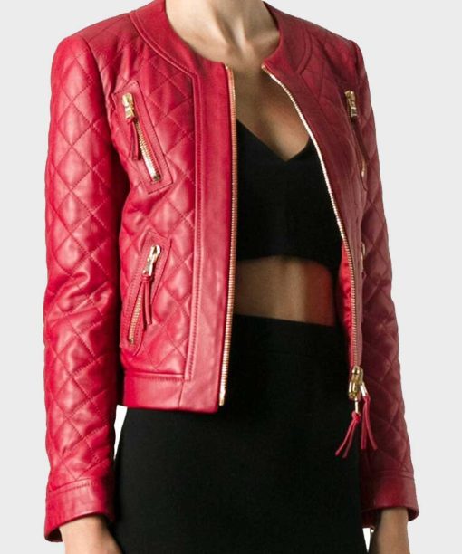 Womens Red Leather Quilted Jacket for Winter Outfits