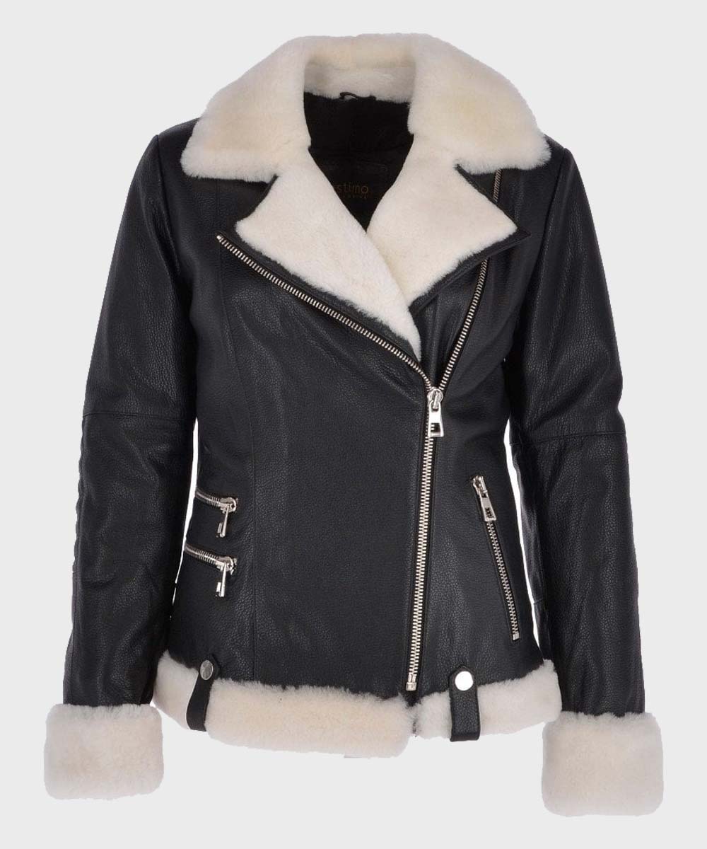 Womens Black Motorcycle Shearling Leather Jacket