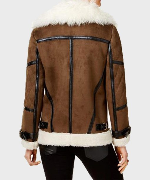 Womens Brown Asymmetrical Leather Shearling Jacket