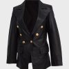 Womens Double-Breasted Leather Black Coat