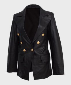 Womens Double-Breasted Leather Black Coat