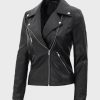 Black Motorcycle Womens Asymmetrical Leather Jacket