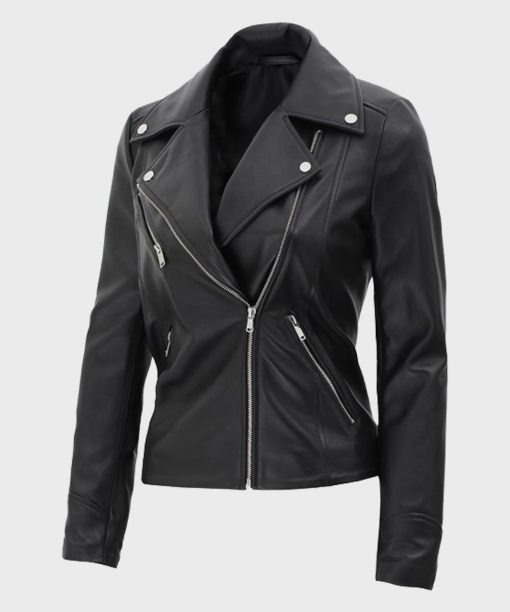 Black Motorcycle Womens Asymmetrical Leather Jacket
