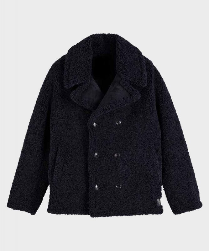 Mens Black Faux Shearling Peacoat | Faux Fur Double-Breasted Coat