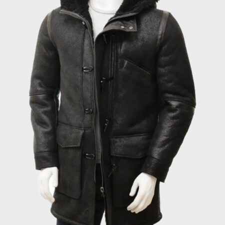 Mens Black Sheepskin Duffle Coat | Black Hooded Leather Coat