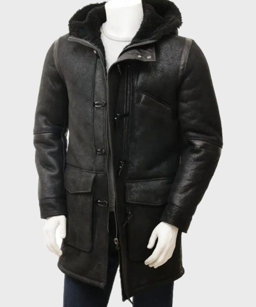 Mens Sheepskin Black Duffle Leather Coat