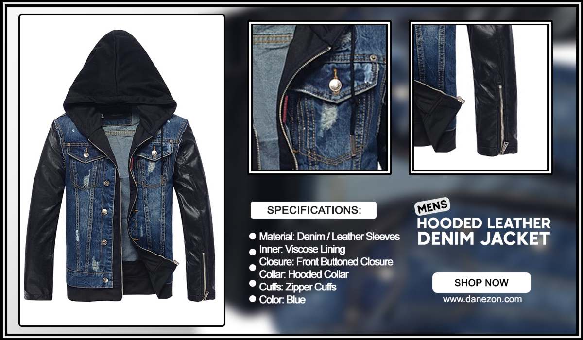 Mens Leather Denim Jacket with Hood