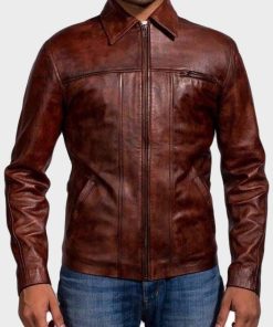 Mens Brown Distressed Shirt Style Leather Jacket