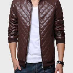 Mens Quilted Brown Bomber Leather Jacket