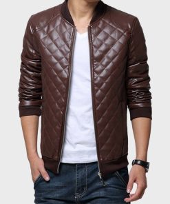 Mens Quilted Brown Bomber Leather Jacket
