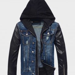 Mens Style Hooded Leather Blue Denim Jacket